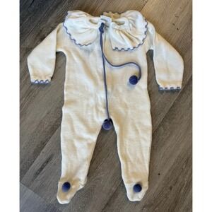 Vintage 1970s Friemanit White Knit Frilly Blue Pom Pom Ball One Piece Size 3mos